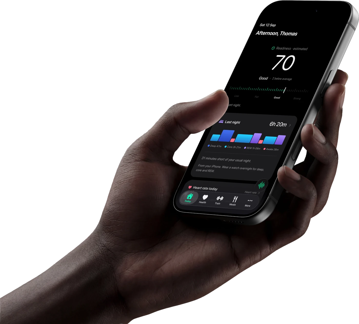 A hand holding an iPhone showing today's VitaOS plan